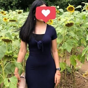 Women Rolla Coster Blue Navy Knotted Chest V Neck Stretch Midi Dress (used)